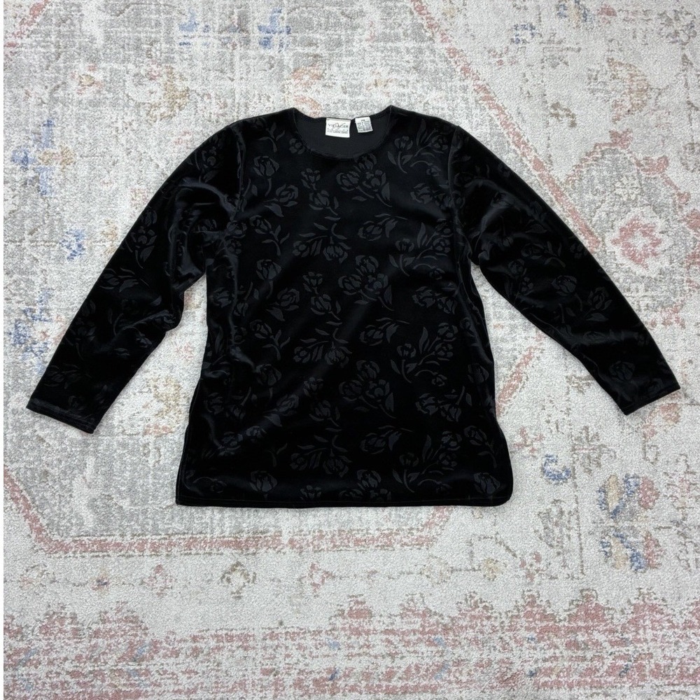 90s Whimsigoth Burnout Black Velvet Floral Top Crewneck Long Sleeve Blouse PM